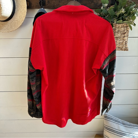 Red Corduroy Aztec Tribal Western Printed Shacket Shirt Jacket - Picture 6 of 7